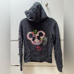 Adorable Disney full zip hoodie with embroidered Mickey peace and love signs.